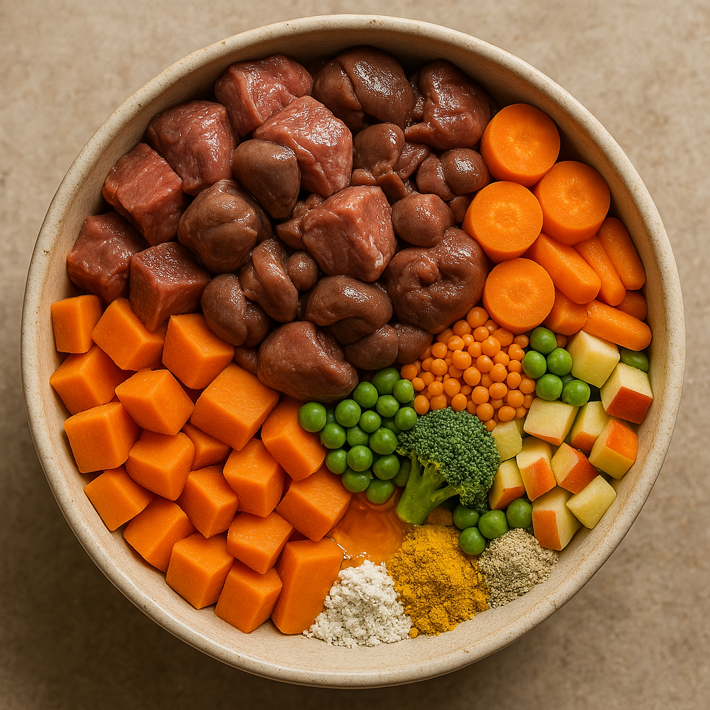 Complete steam-cooked lamb and vegetable meal