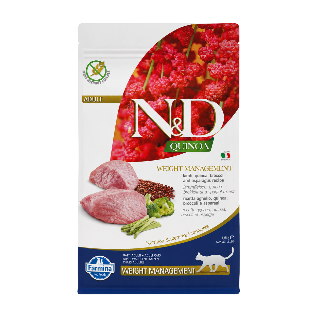 Weight management kibble with lamb and quinoa for adult cats
