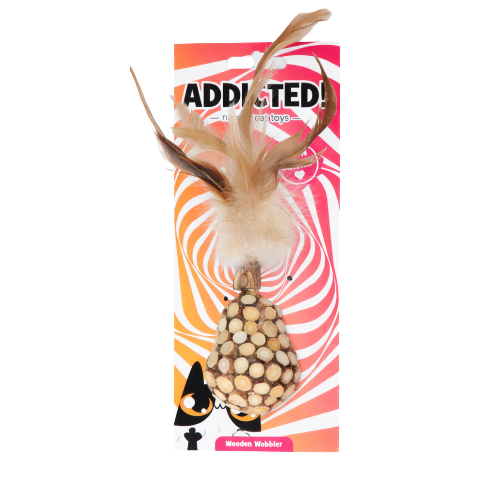Wooden roly-poly toy with feathers and matatabi
