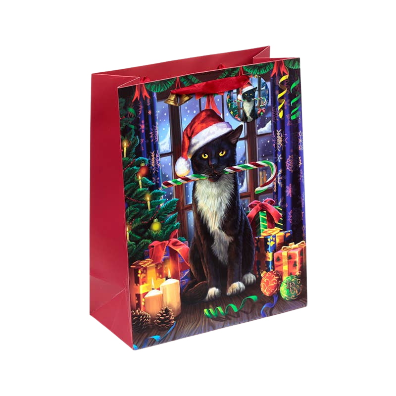 Large Christmas gift bag with candy cane cat