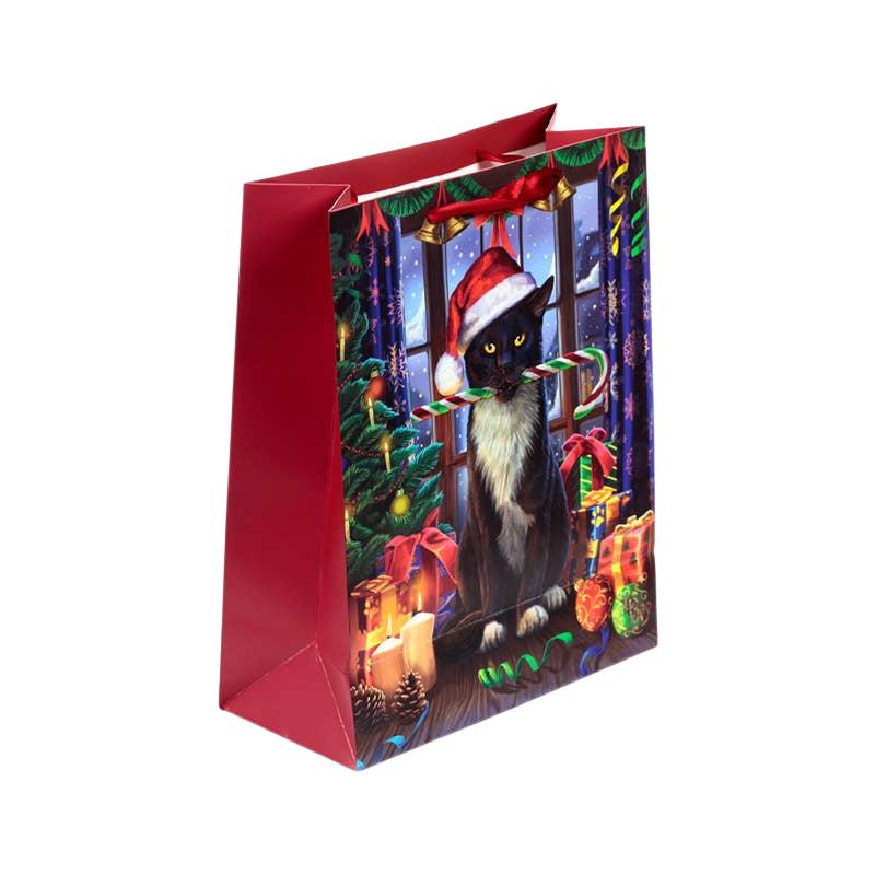 Large Christmas gift bag with candy cane cat