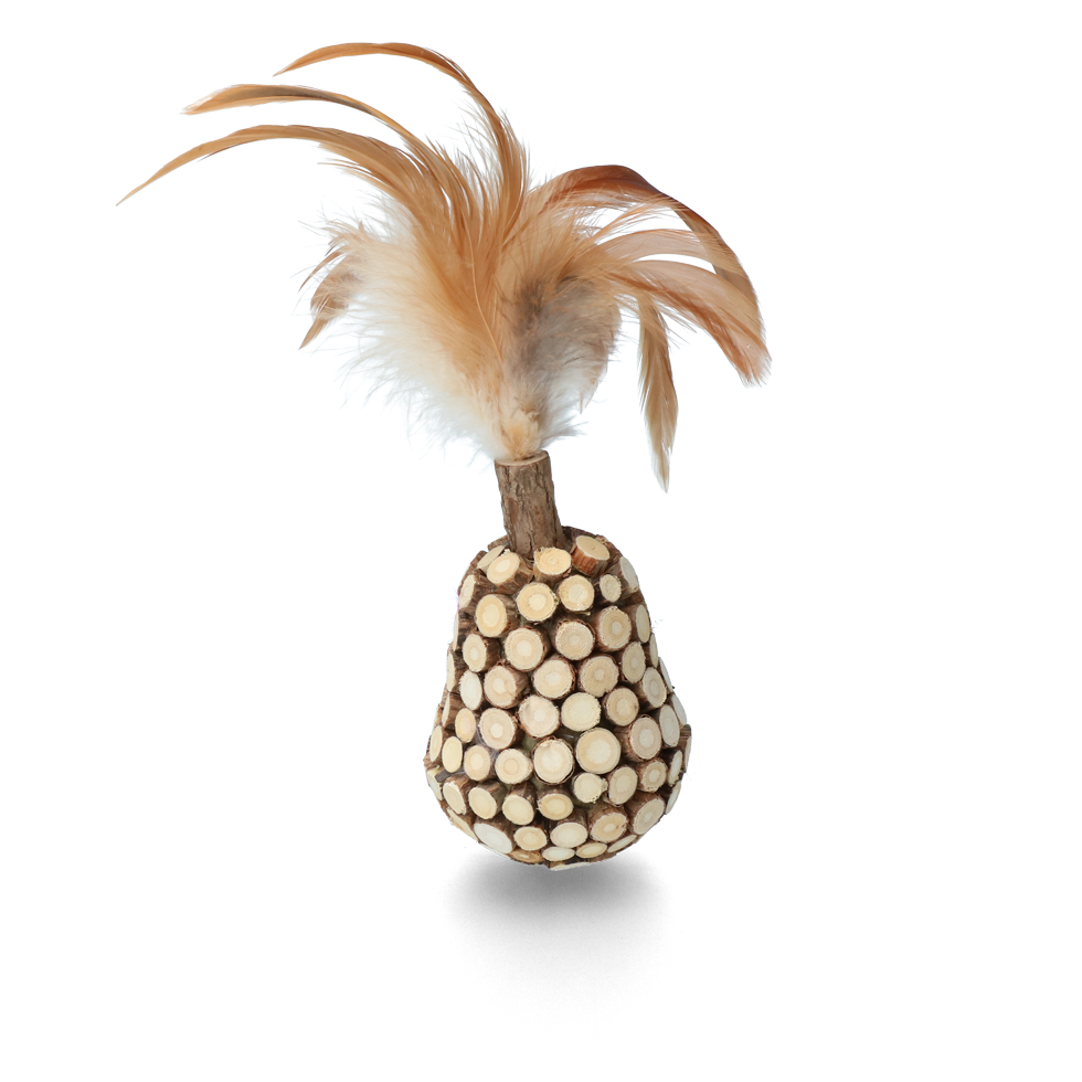 Wooden roly-poly toy with feathers and matatabi
