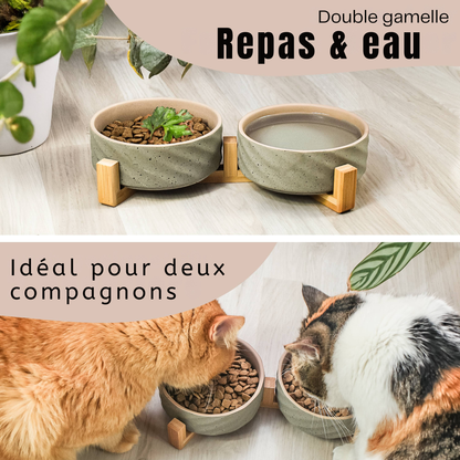 Double ceramic bowl on a bamboo stand 