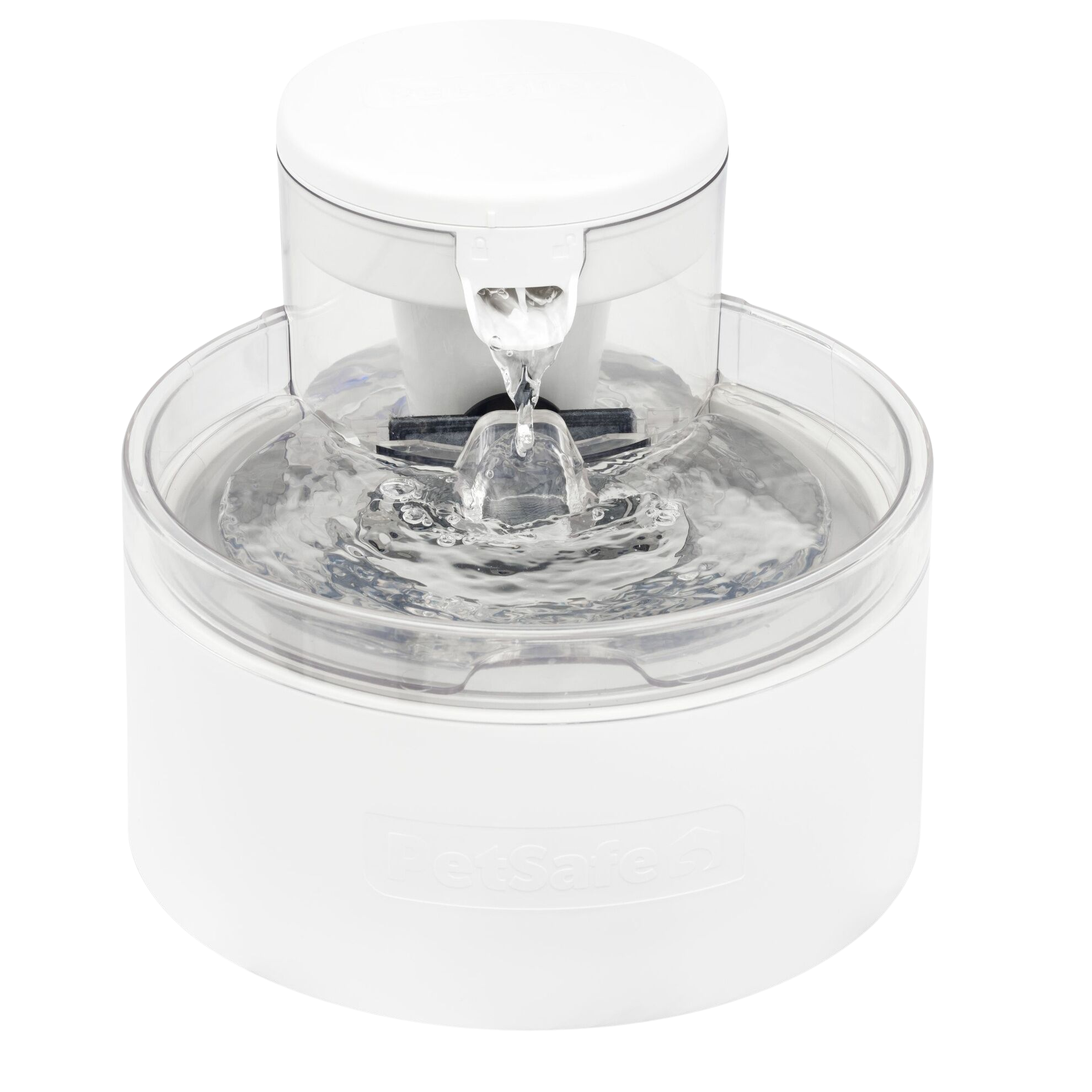 Outlast pump-free water fountain with dual filtration