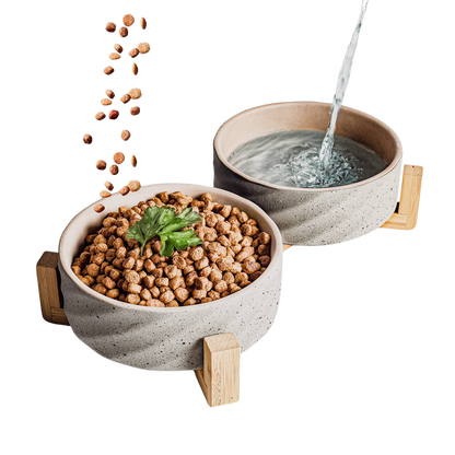 Double ceramic bowl on a bamboo stand 