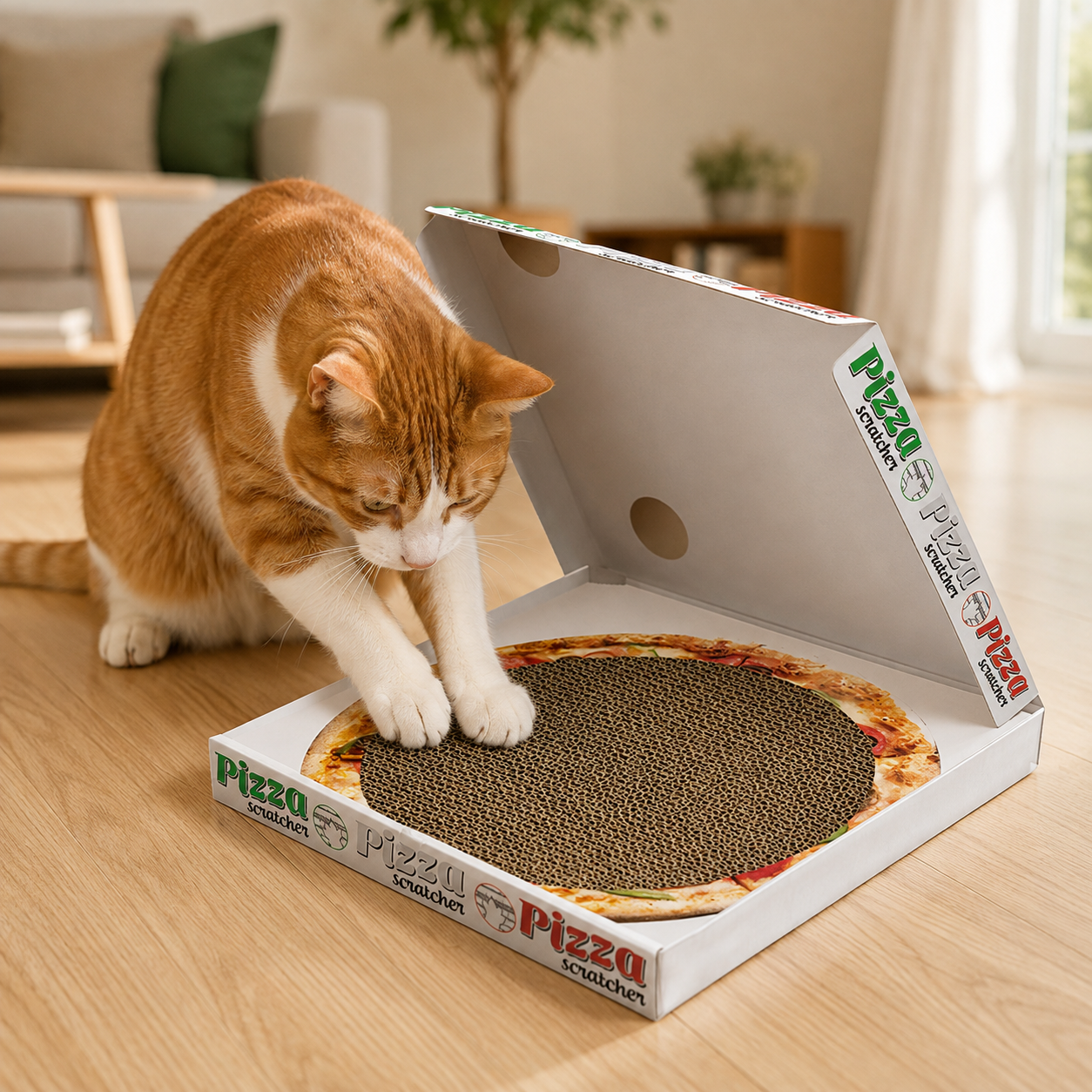 Cardboard pizza box scratcher for cats