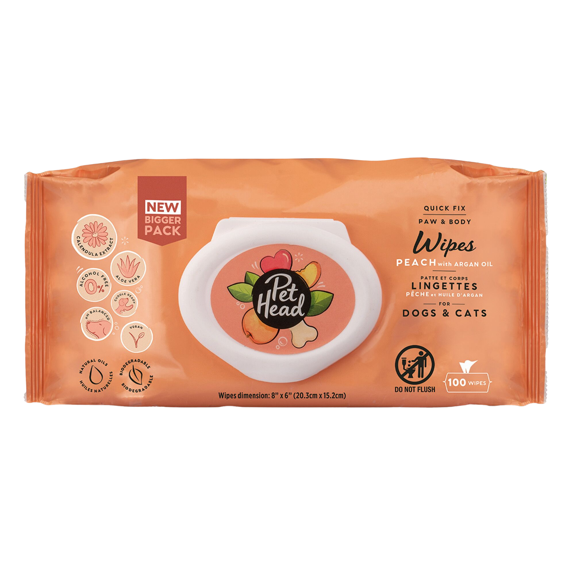 Peach-scented cleansing wipes for dogs and cats