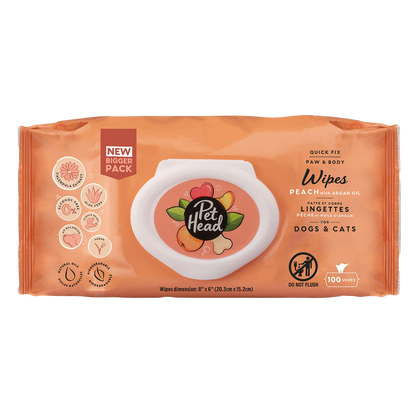 Peach-scented cleansing wipes for dogs and cats