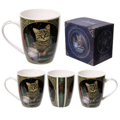Porcelain mug with cat and crystal ball