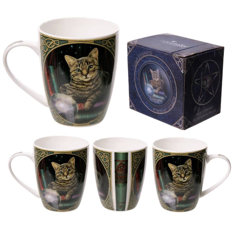Porcelain mug with cat and crystal ball