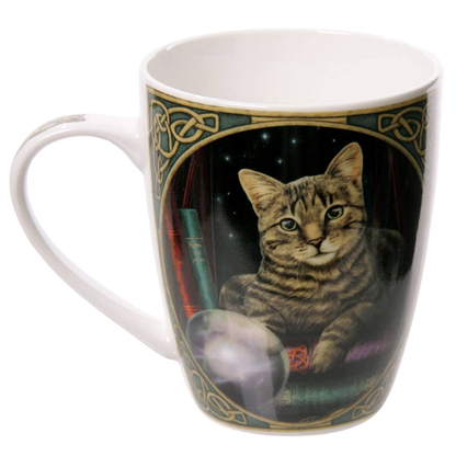 Porcelain mug with cat and crystal ball