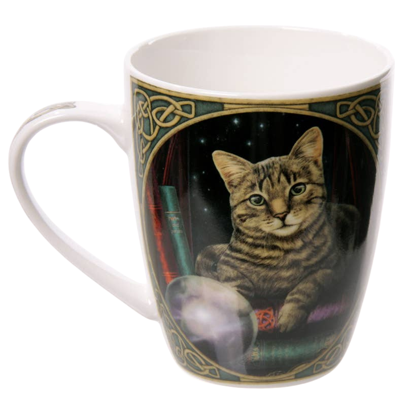 Porcelain mug with cat and crystal ball