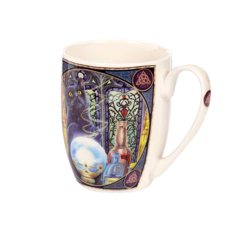 Porcelain mug with a cat and a wizard's apprentice
