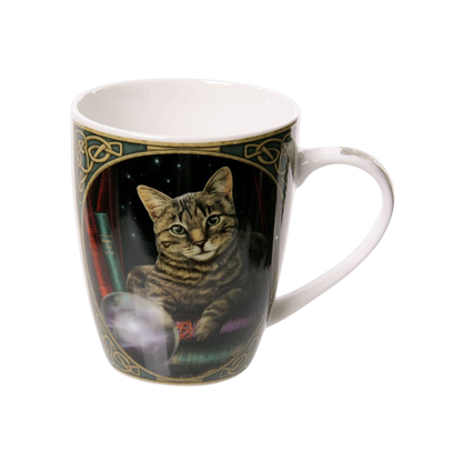 Porcelain mug with cat and crystal ball
