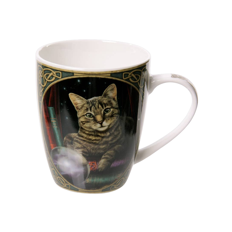 Porcelain mug with cat and crystal ball