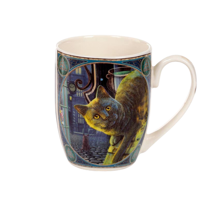Porcelain mug with cat and rusty cauldron