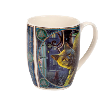 Porcelain mug with cat and rusty cauldron