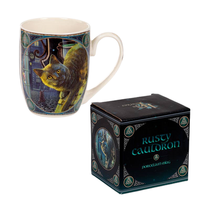 Porcelain mug with cat and rusty cauldron