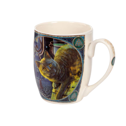 Porcelain mug with cat and rusty cauldron