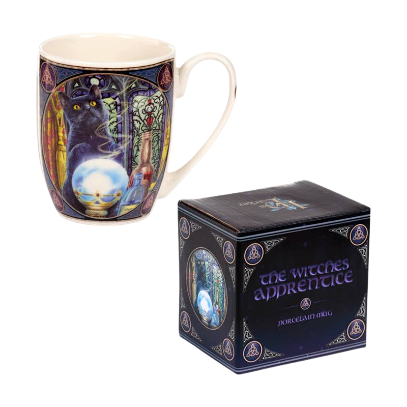 Porcelain mug with a cat and a wizard's apprentice