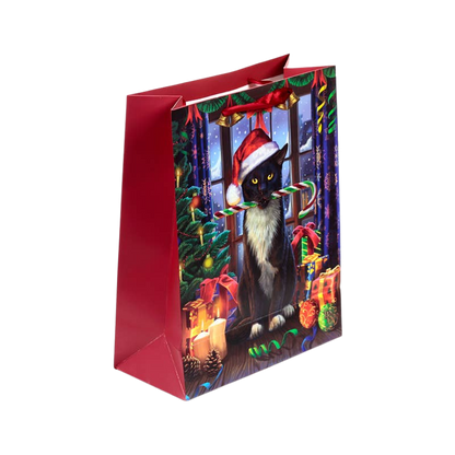 Large Christmas gift bag with candy cane cat