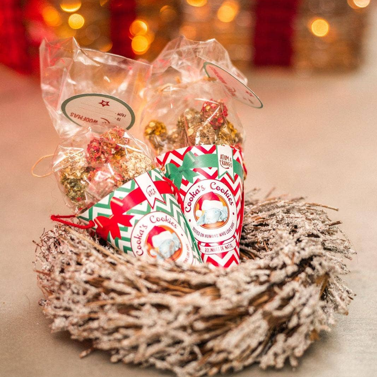 Festive cone of chicken and tuna treats for dogs